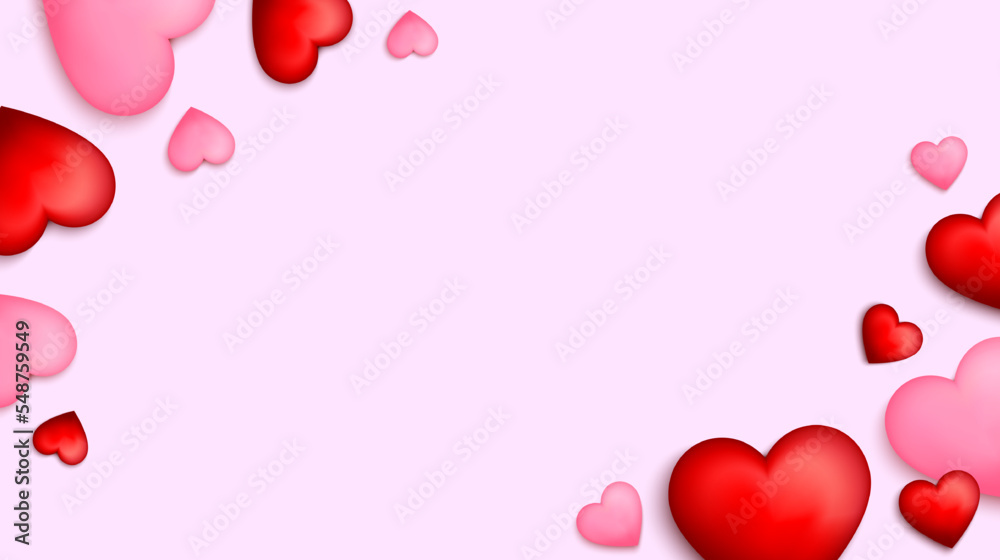 3d red and pink heart isolated on pink background. Cute background for valentine, mother's day, birthday, wedding design. Vector illustration