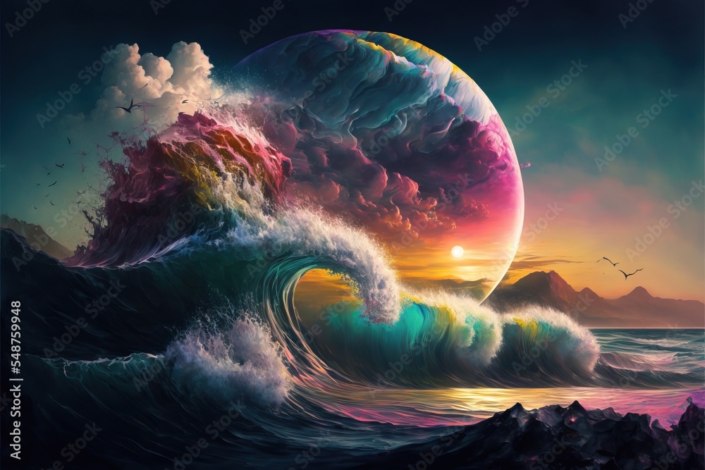 World within worlds - moon as a portal rift to another dimension in time and space with turbulent ocean waves and surreal clouds. Fantasy unreal sci-fi seascape digital illustration. - obrazy, fototapety, plakaty 