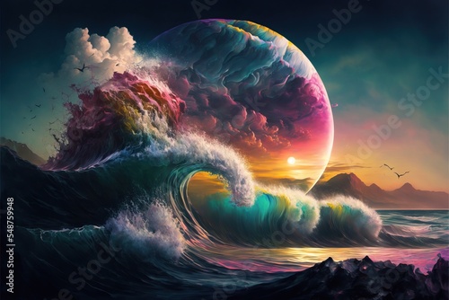 World within worlds - moon as a portal rift to another dimension in time and space with turbulent ocean waves and surreal clouds. Fantasy unreal sci-fi seascape digital illustration.