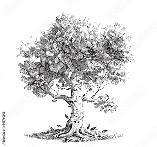 Tree of life sketch hand drawn line art Vector illustration.