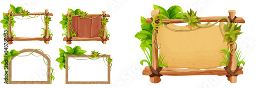 Frame from sticks, parchment decorated with grass and liana, jungle leaves in comic cartoon style isolated on white background. Border, jungle panel textured and detailed. Game asset, menu © Alyona