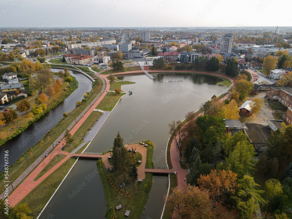 Aerial view of Panevėžys city centre, downtown park, one of the largest cities in Lithuania