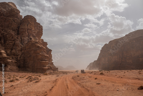 Red mountains of the canyon of Wadi Rum desert in Jordan.