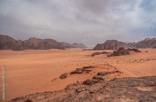 Red mountains of the canyon of Wadi Rum desert in Jordan.