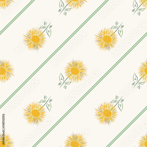 Inula flower seamless vector pattern background. Perennial cottage garden flowers yellow green diagonal stripe backdrop. Giant Fleabane painterly geometric design. Maximalist cottagecore for summer