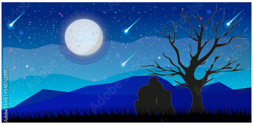 A couple in love on the background of a starry sky with a full moon