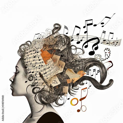 Girl face with music tool collage hairs. Passion for music concept. Illustration on white background 