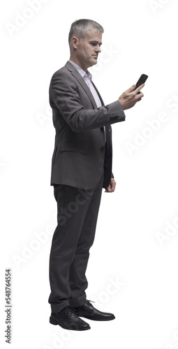 Businessman connecting online with his smartphone PNG file no background