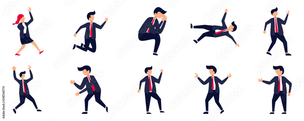 Set of Businessman or office vector characters in various poses. Cartoon young employee businessman character working