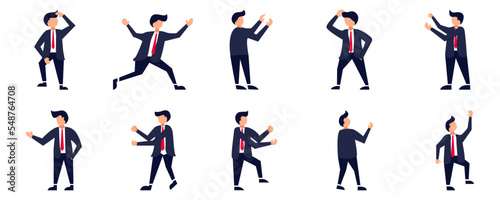 Set of Businessman or office vector characters in various poses. Cartoon young employee businessman character working