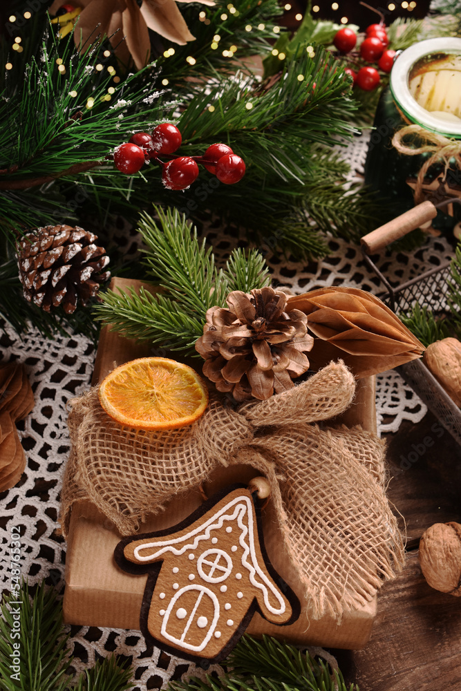 Gift wrapped in a rustic style with creative decorations