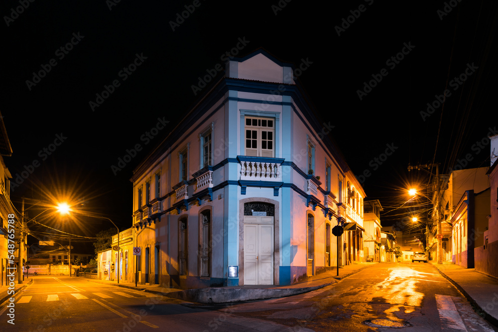 Empty streets with historical buildings of a colonial town in Espirito Santo state at Night, in Brazil