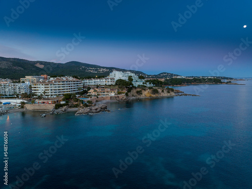 Aerial view, Spain, Balearic Islands, Mallorca, Calvia Region, Nova Santa Ponca at dusk