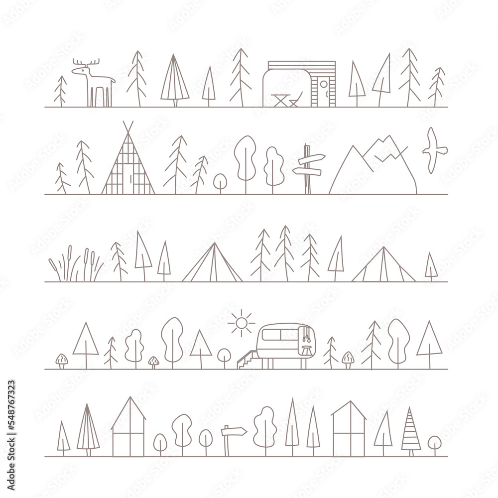 Linear illustrations at the line, border for design about camping, glamping, outdoor relax