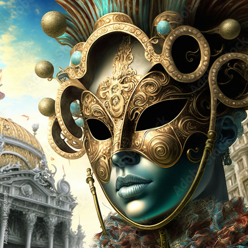Digital art fantasy: beautiful decorated mask in gold and blue colors at Venice Carnival made with generative AI