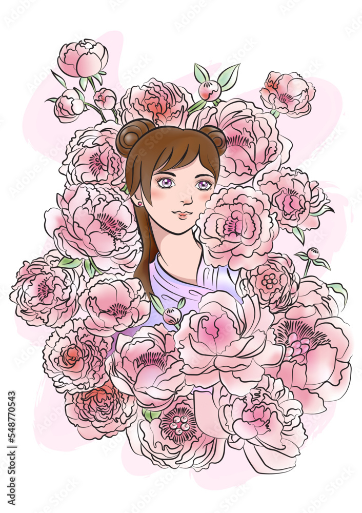 Princess flowers set. Paeonia flowers. Hand drawn vector illustration.