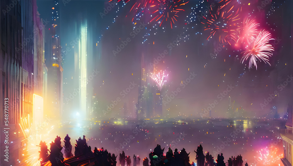 crowd of people dancing at silvester / new years eve in the city with fireworks in the background - poster - painting - party - disco crowd of people dancing at silvester / new years eve in the city with fireworks in the background - poster - painting - party - disco