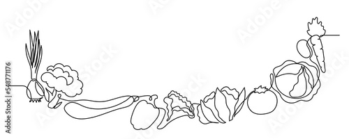 Vegetables doodle border frame. Continuous line drawing. Onion, broccoli, zucchini, lettuce, cauliflower, tomato, pepper, cabbage, carrot, potato.