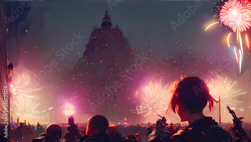 crowd of people dancing at silvester   new years eve in the city with fireworks in the background - poster - painting - party - disco