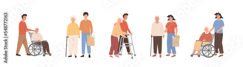 Set of diverse female and male nurses or volunteer workers taking care of old age people on wheelchair and elderlies with walker. Seniors at nursing home or hospital. Vector flat illustration isolated