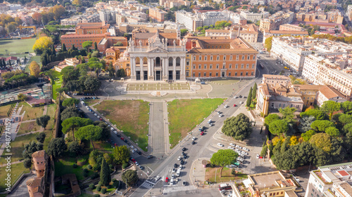 Aerial view of the Basilica of Saint John Lateran, also referred to as the Cathedral of Rome. It is the oldest basilica in western Europe and the most important of the major papal basilicas.