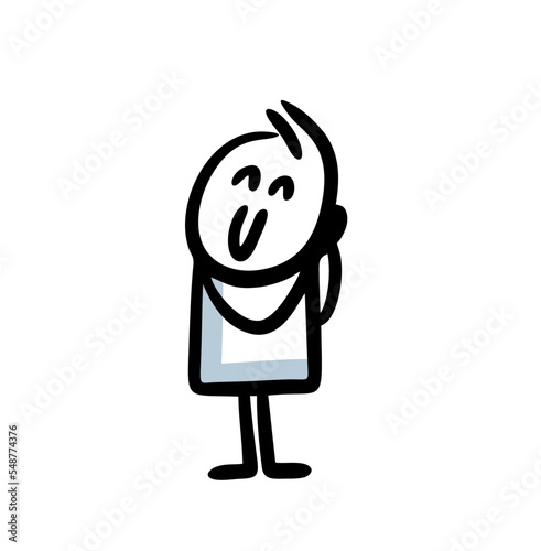 The cute little man presses his hands to his cheek and smiles sweetly.