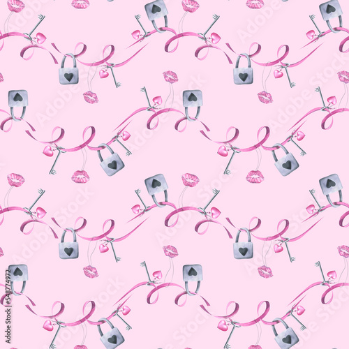 Ribbons with hanging locks, keys and kisses on a pink background. Watercolor illustration. Seamless pattern from the VALENTINE'S DAY collection. For fabric, textiles, packaging paper, prints