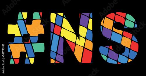 NS Hashtag. Tricolor isolated letters from contrast flowing fluid shapes. Rainbow colored Hashtag #NS is abbreviation for the Canadian Nova Scotia for social network, web resources, mobile app