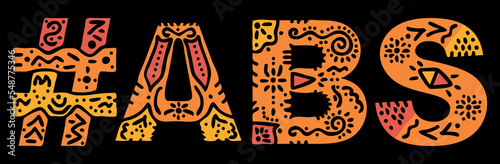 ABS Hashtag. Isolated text with national ethnic ornament. Patterned Popular Hashtag #ABS for social network, web resources, mobile app, games, clothing, t-shirt, banner, adv. Stock vector image