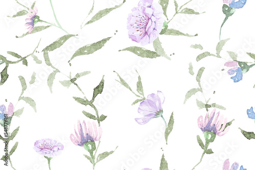 Seamless pattern purple flower with watercolor on white background.Designed for fabric and wallpaper vintage style.Floral pattern.Violet flower bouquet.Botanical background.