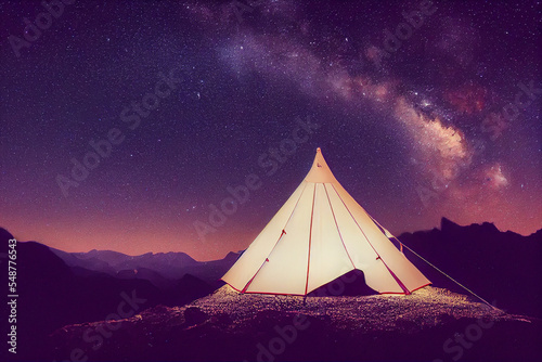 tent in the mountains with milky way generative ai illustration
