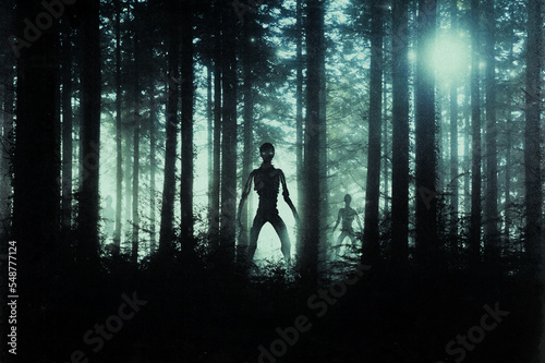 Horror, sci fi concept of alien monsters standing in a forest. Silhouetted by bright UFO lights at night