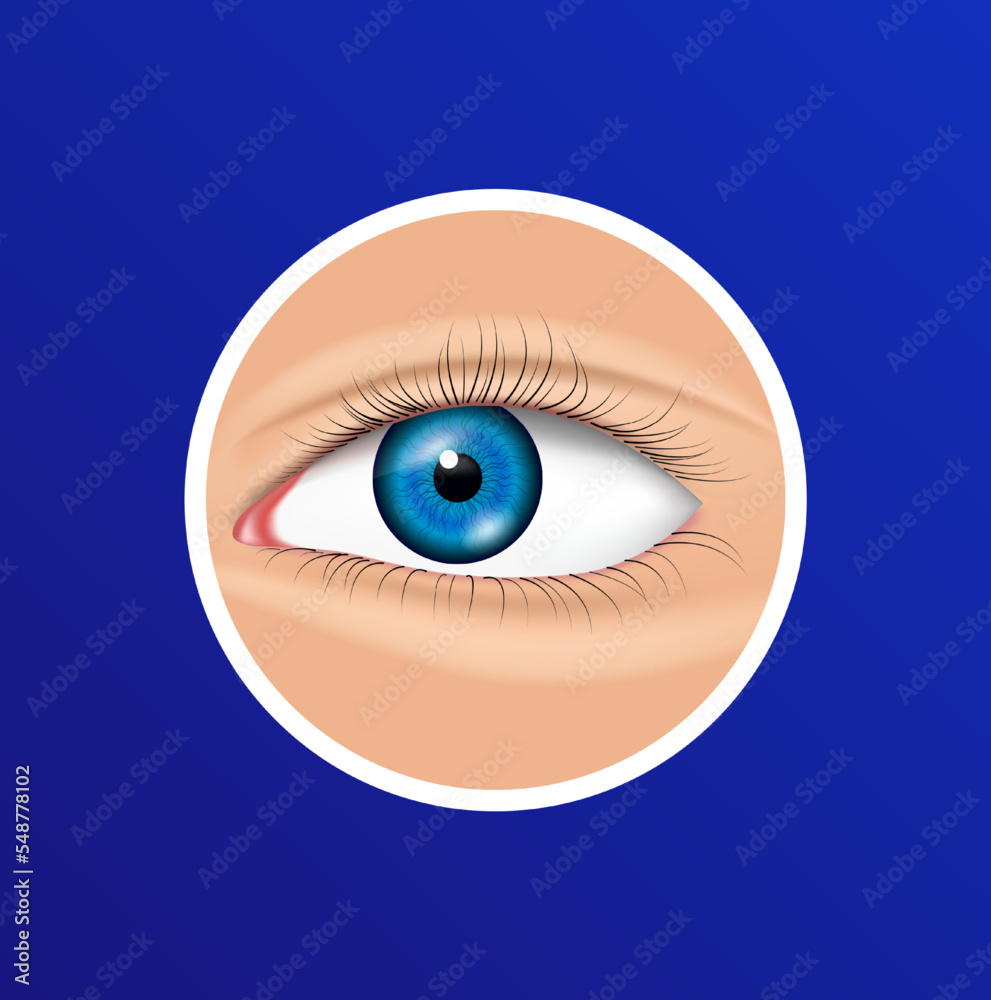 Healthy eye. Label for nutrition products food logo template design. Isolated realistic on blue background. Medical scientific concepts. Vector illustration. Medical food supplement concepts. Healthy eye. Label for nutrition products food logo template design. Isolated realistic on blue background. Medical scientific concepts. Vector illustration. Medical food supplement concepts.
