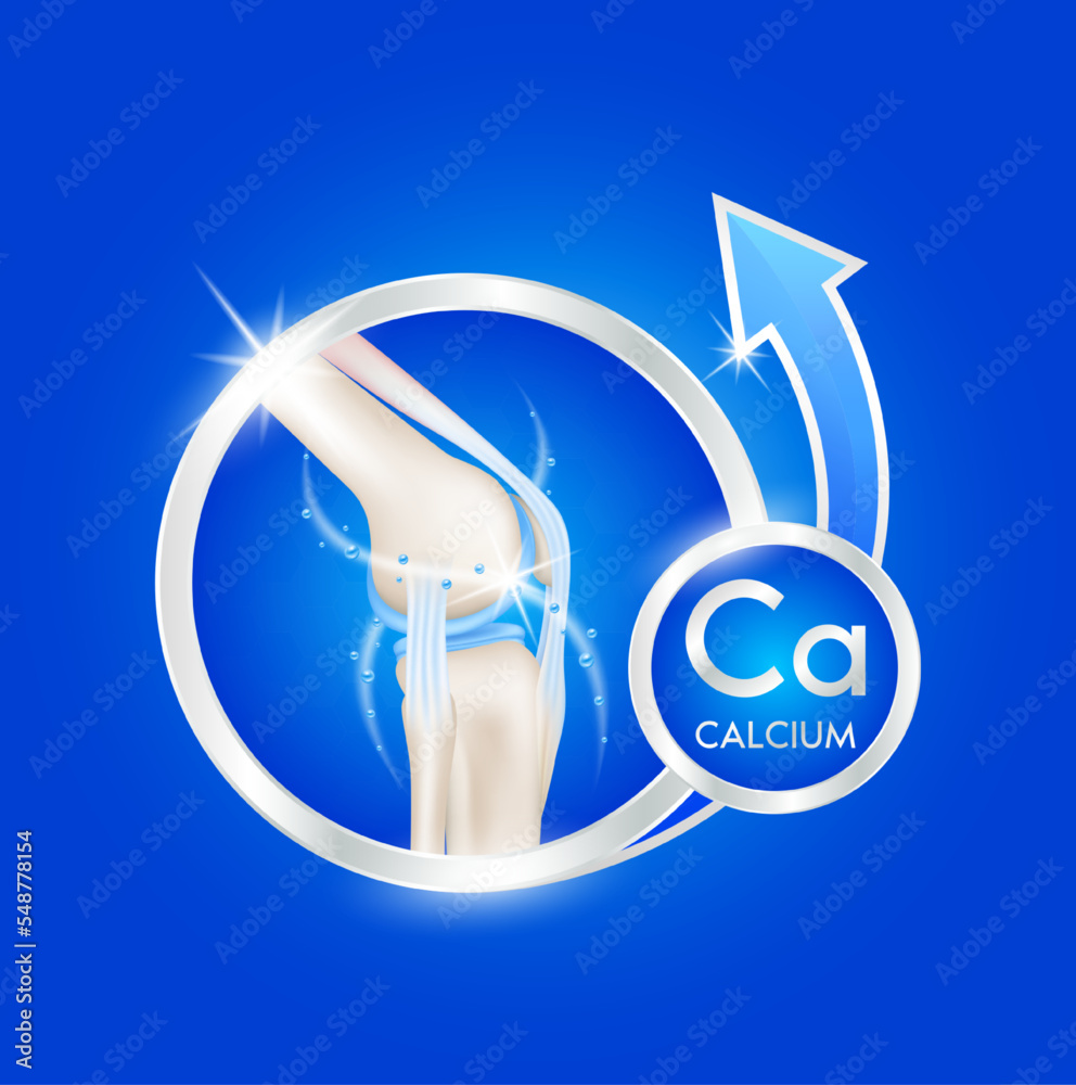label aluminum joints healthy and calcium with blue arrow. Human bone