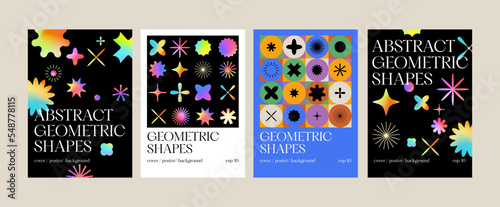 Vector set posters or prints with geometric shapes. Brutalist design with gradient icons.