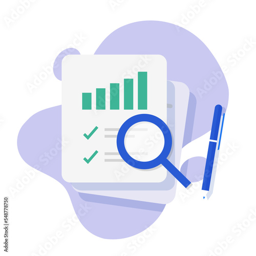 Sales audit report review vector, inspect analysis research data, tax quality evaluation overview results assessment graphic icon, modern financial business document symbol pictogram flat image