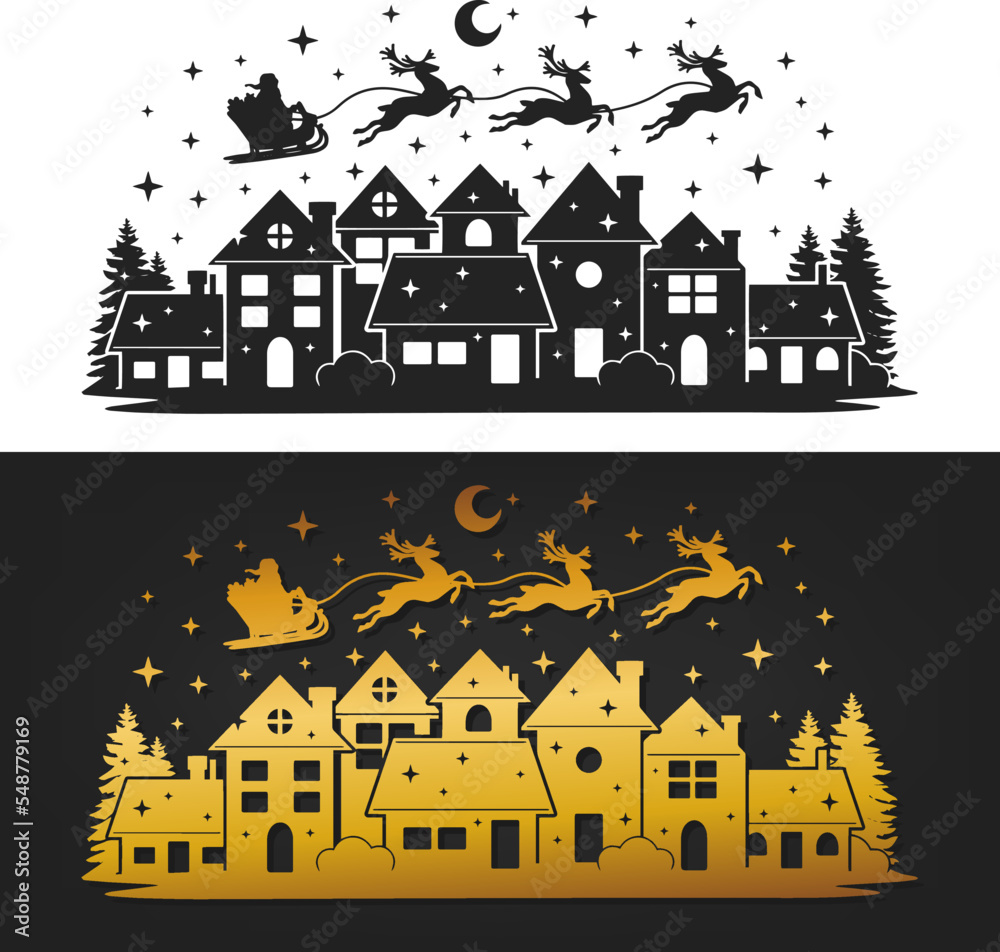 Santa Claus Village silhouette vector design. Christmas Decoration, Clipart Cut File Scene.