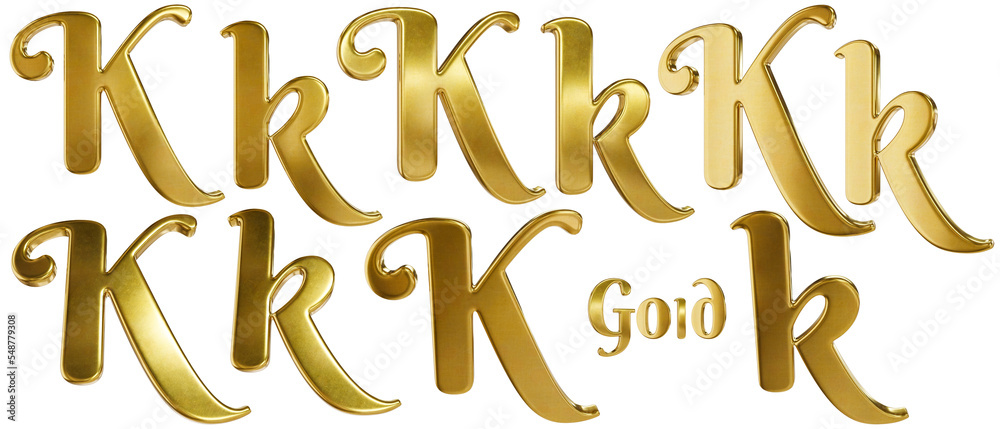 3D alphabet. Golden font with transparent background. Gold. Letter K, k. 5 variants at different angles.