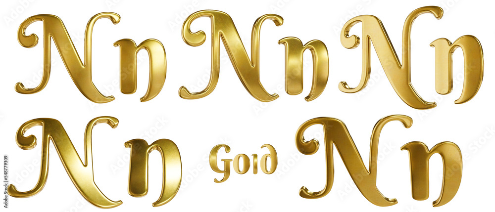 3D alphabet. Golden font with transparent background. Gold. Letter N, n. 5 variants at different angles. 3D alphabet. Golden font with transparent background. Gold. Letter N, n. 5 variants at different angles.