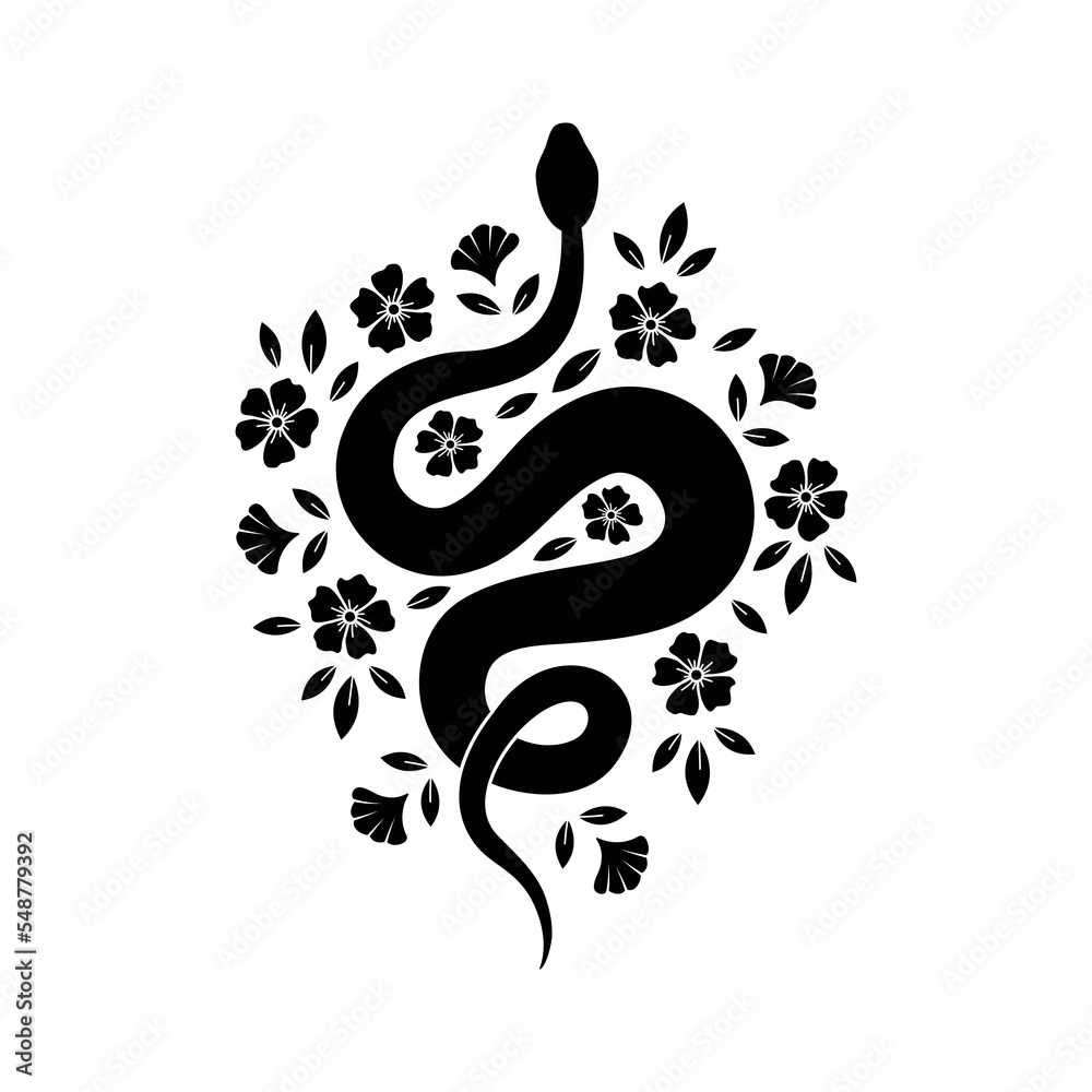 Fototapeta premium Abstract silhouette of wriggling snake and field of flowers and leaves. Black tattoo vintage vector wild animal reptile
