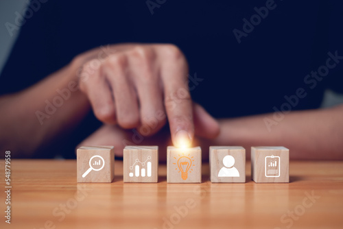  Wooden Cube Blocks Businessman icon shaking hands, business cooperation.