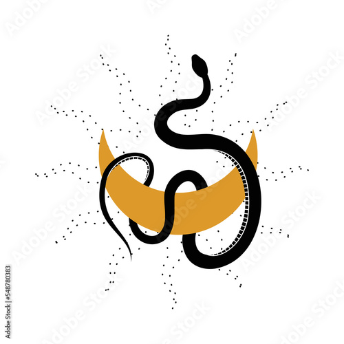 Mystical composition with wriggling black snake, gold crescent moon and sun. Boho style esotericism. Magic illustration