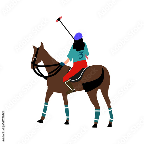 Women and horse athletes with sport facilities flat vector illustration.Fun player of polo with horse hand drawn character isolated on white background.Childish t-shirt print design.