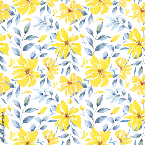 Seamless pattern of yellow flowers, sunflower,marigold pattern background with watercolors.For fabric luxurious and wallpaper.Floral pattern.Botanical background.