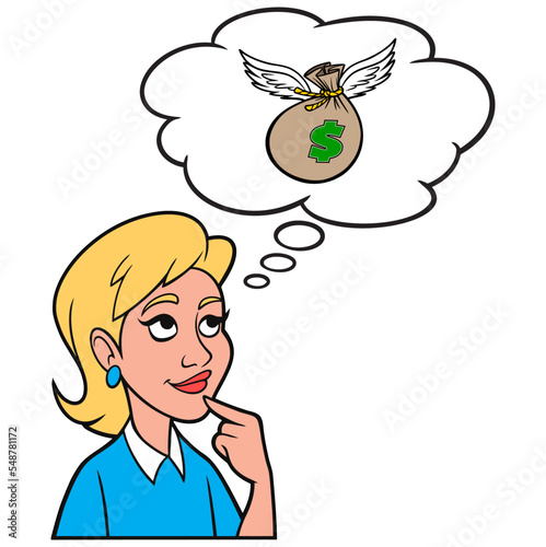 Girl thinking about a Flying Bag of Money - A cartoon illustration of a Girl thinking about a Flying Bag of Money.