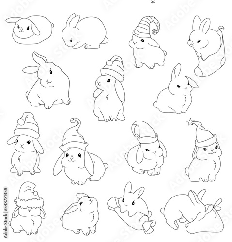 Set of rabbits on a white background. Holiday hats. 
