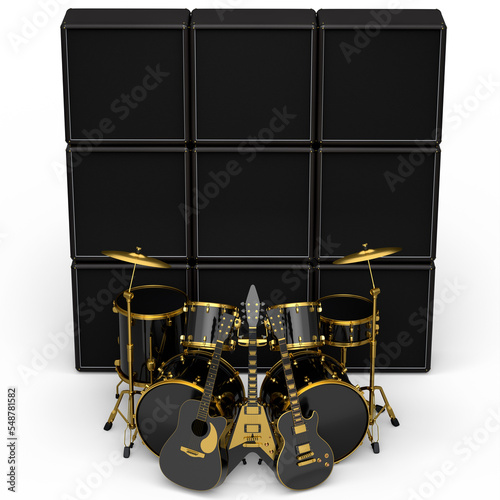 Set of realistic drums with metal cymbals, amplifier and acoustic guitars