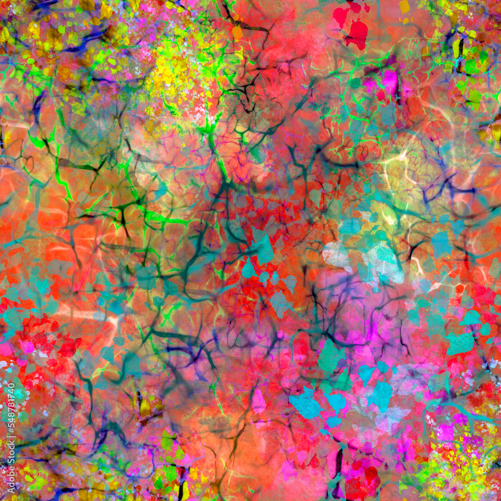 Vivid neon abstract blurred paint seamless pattern of random mixed various geometric spots, blots and splashes