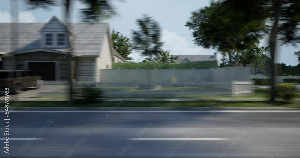 DX Driving plate of american suburban neighbourhood. Drivers left side view