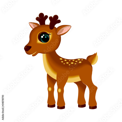 Cute cartoon fawn of brown color with big eyes isolated on white background. Calf. Cute vector animals. Vector illustration.